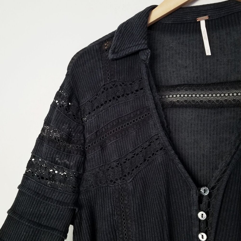 Free People Set To Stun Lace-Inset Low V Neck Collar Tunic Top Black XS $108 - Picture 11 of 16